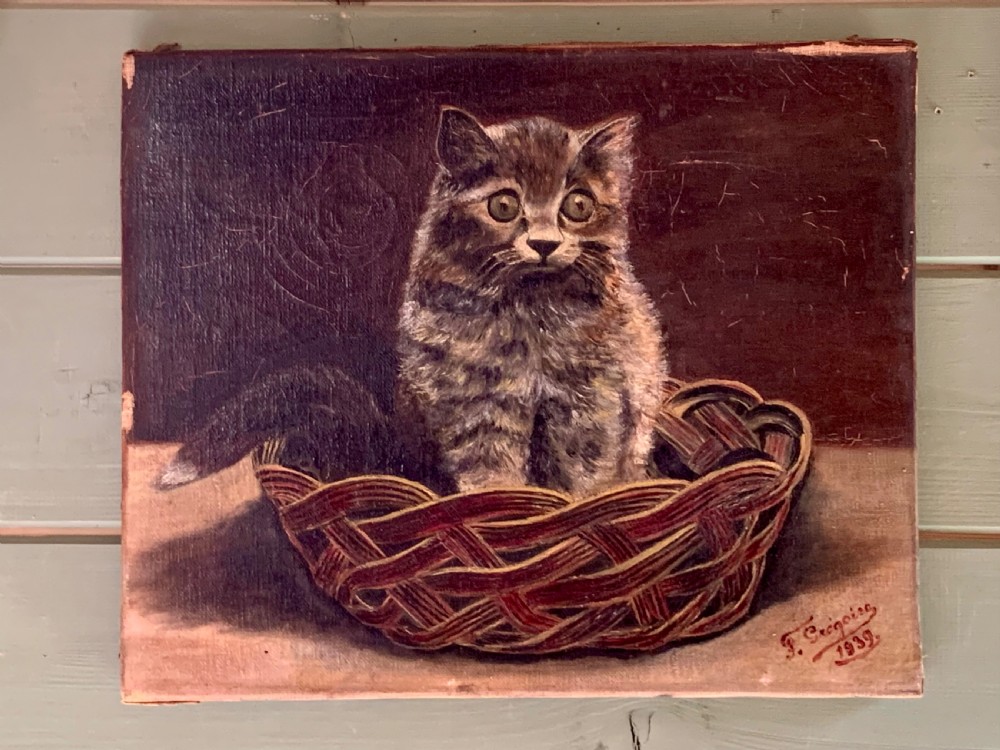 OIL PORTRAIT OF A STARTLED KITTEN - FRENCH SCHOOL