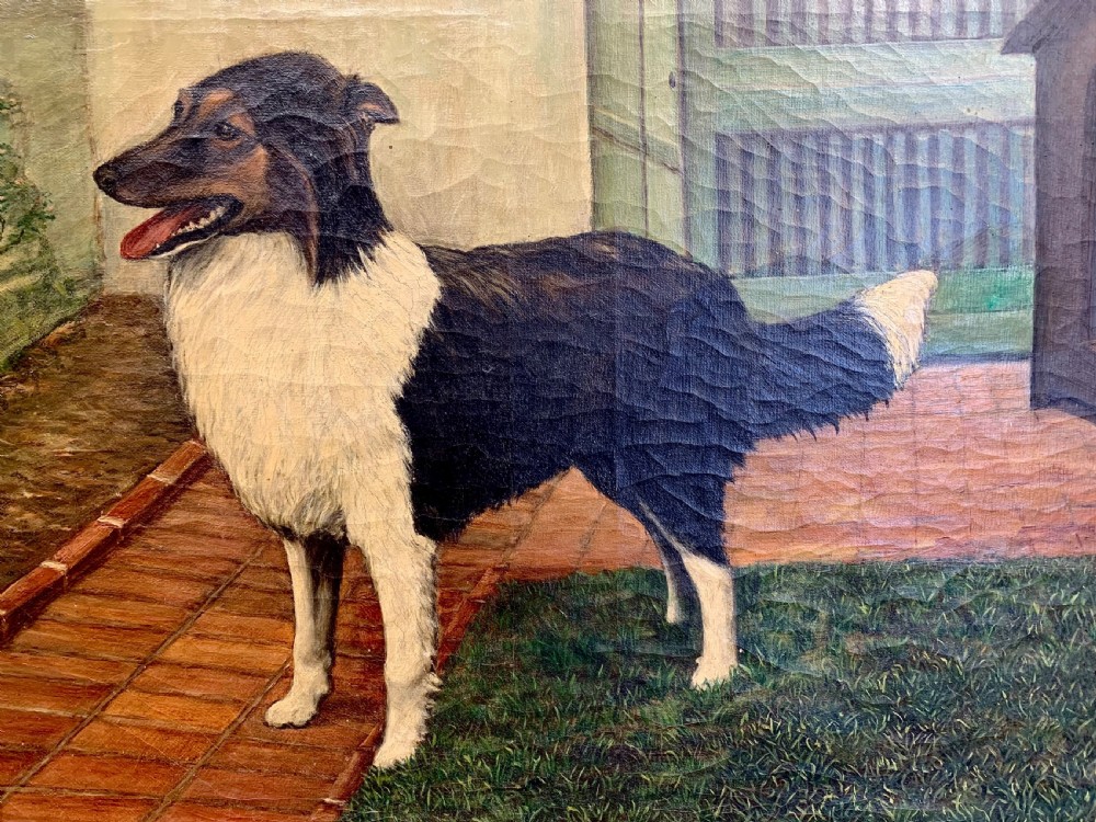 An antique oil painting depicting a black and white dog standing in a paved courtyard, encased in an ornate gold leaf frame. View II