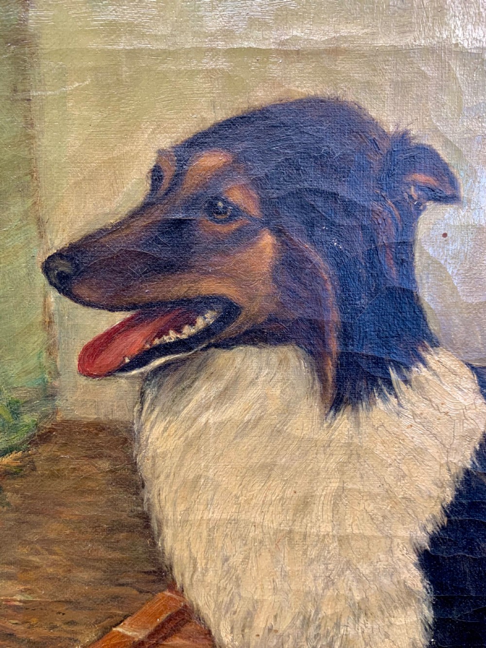 An antique oil painting depicting a black and white dog standing in a paved courtyard, encased in an ornate gold leaf frame. View V