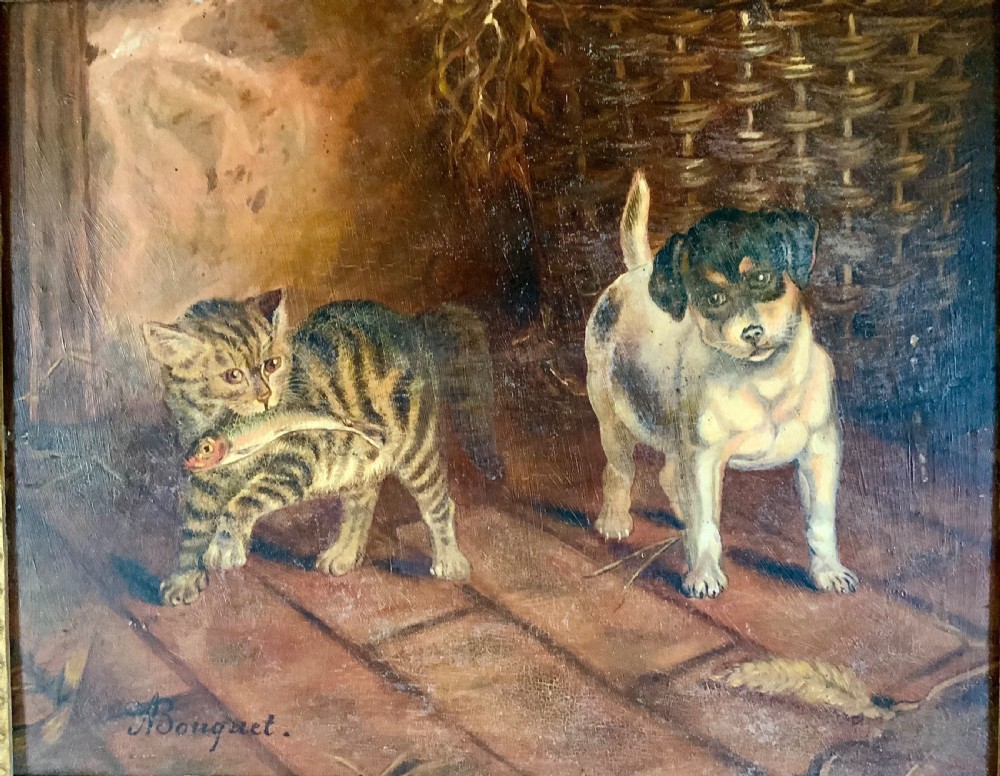 A PAIR OF ANTIQUE OILS ON PANEL OF CATS AND DOGS View II