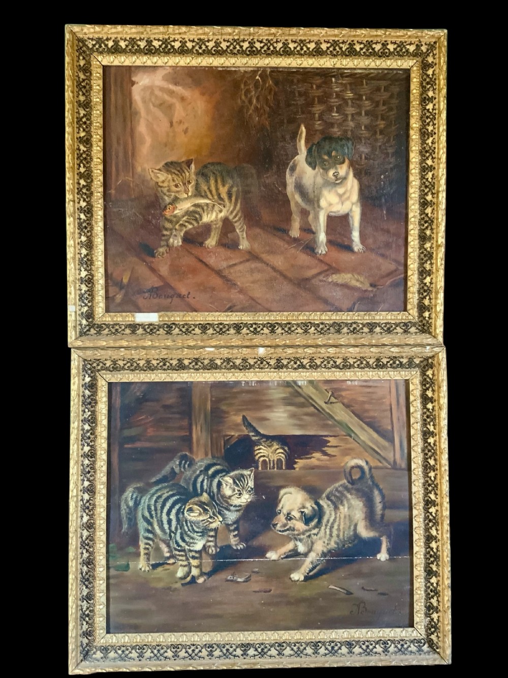 A PAIR OF ANTIQUE OILS ON PANEL OF CATS AND DOGS