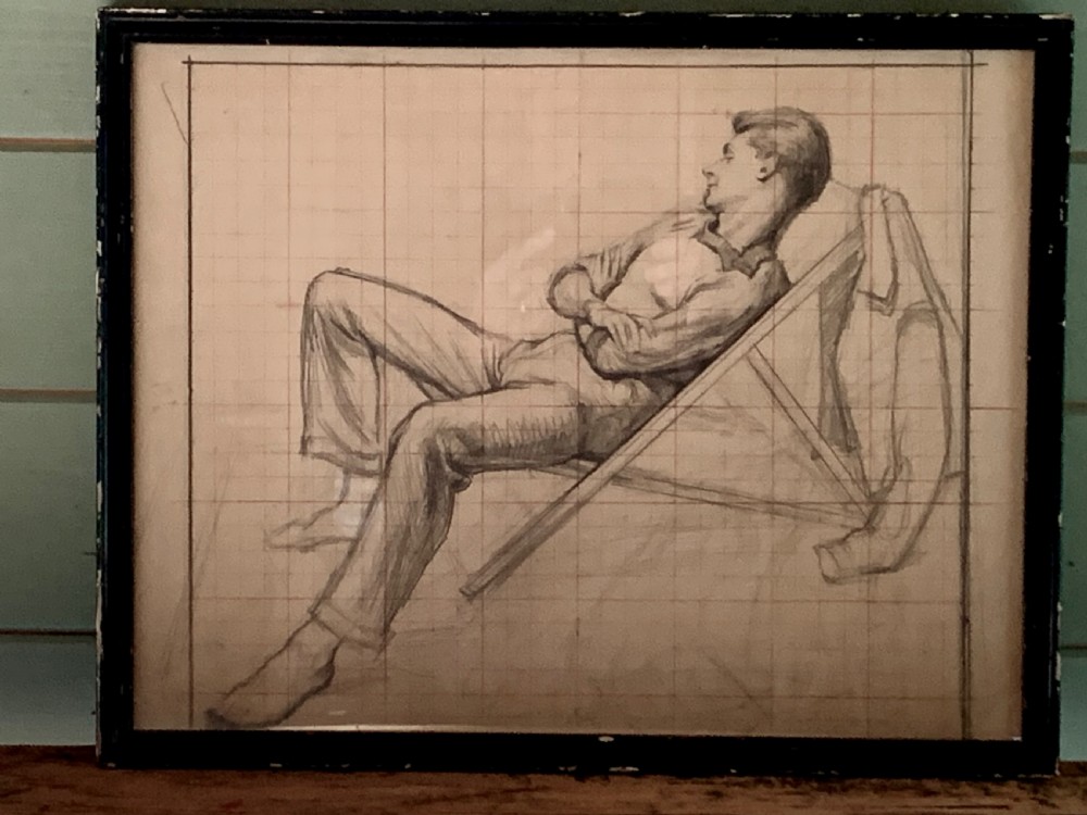 A framed monochrome pencil sketch on gridded paper showing a reclined male figure with arms crossed in a simple black frame. View II