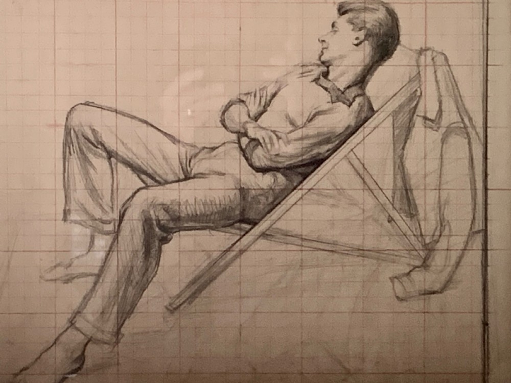 A framed monochrome pencil sketch on gridded paper showing a reclined male figure with arms crossed in a simple black frame. View III