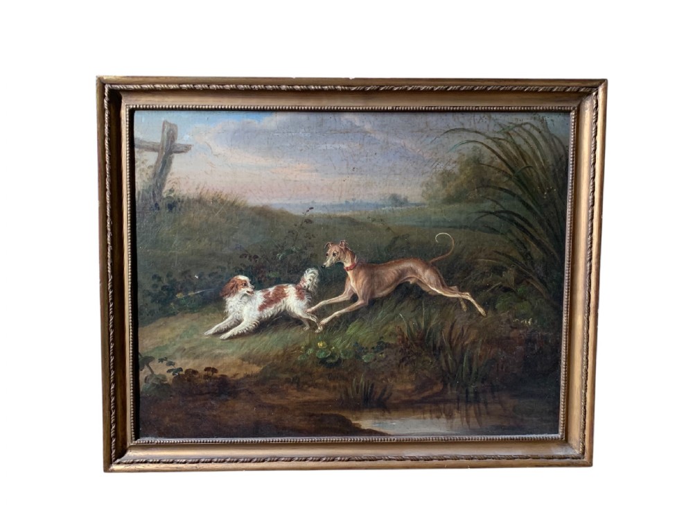 DOGS IN A LANDSCAPE -19th C OIL ON CANVAS