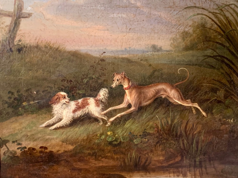 DOGS IN A LANDSCAPE -19th C OIL ON CANVAS View II