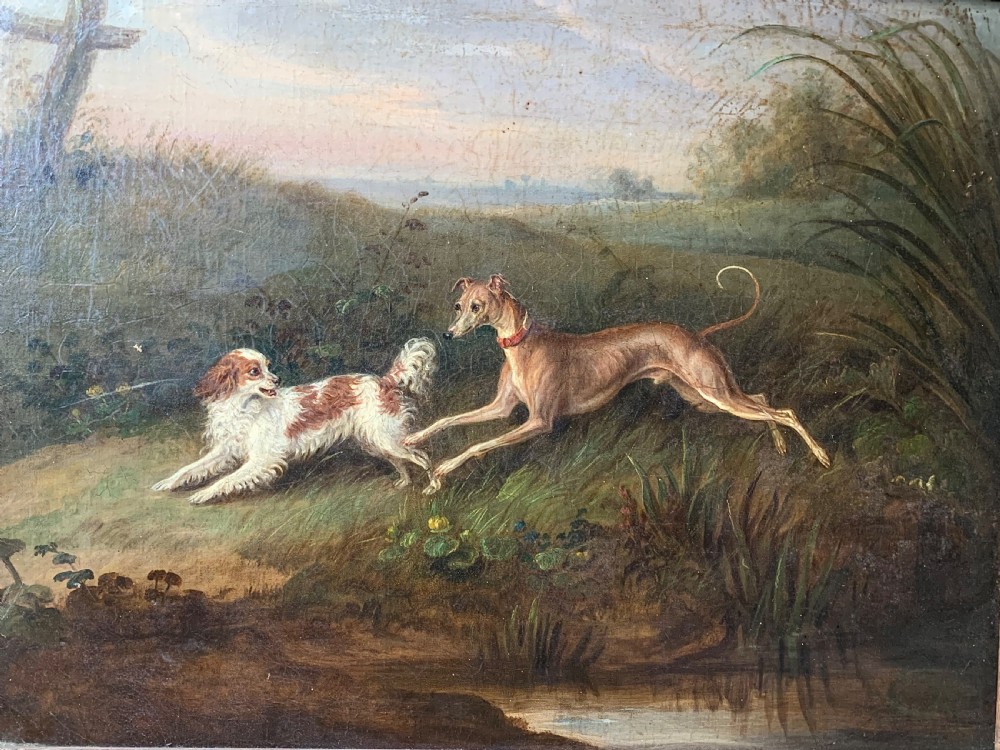 DOGS IN A LANDSCAPE -19th C OIL ON CANVAS View IV