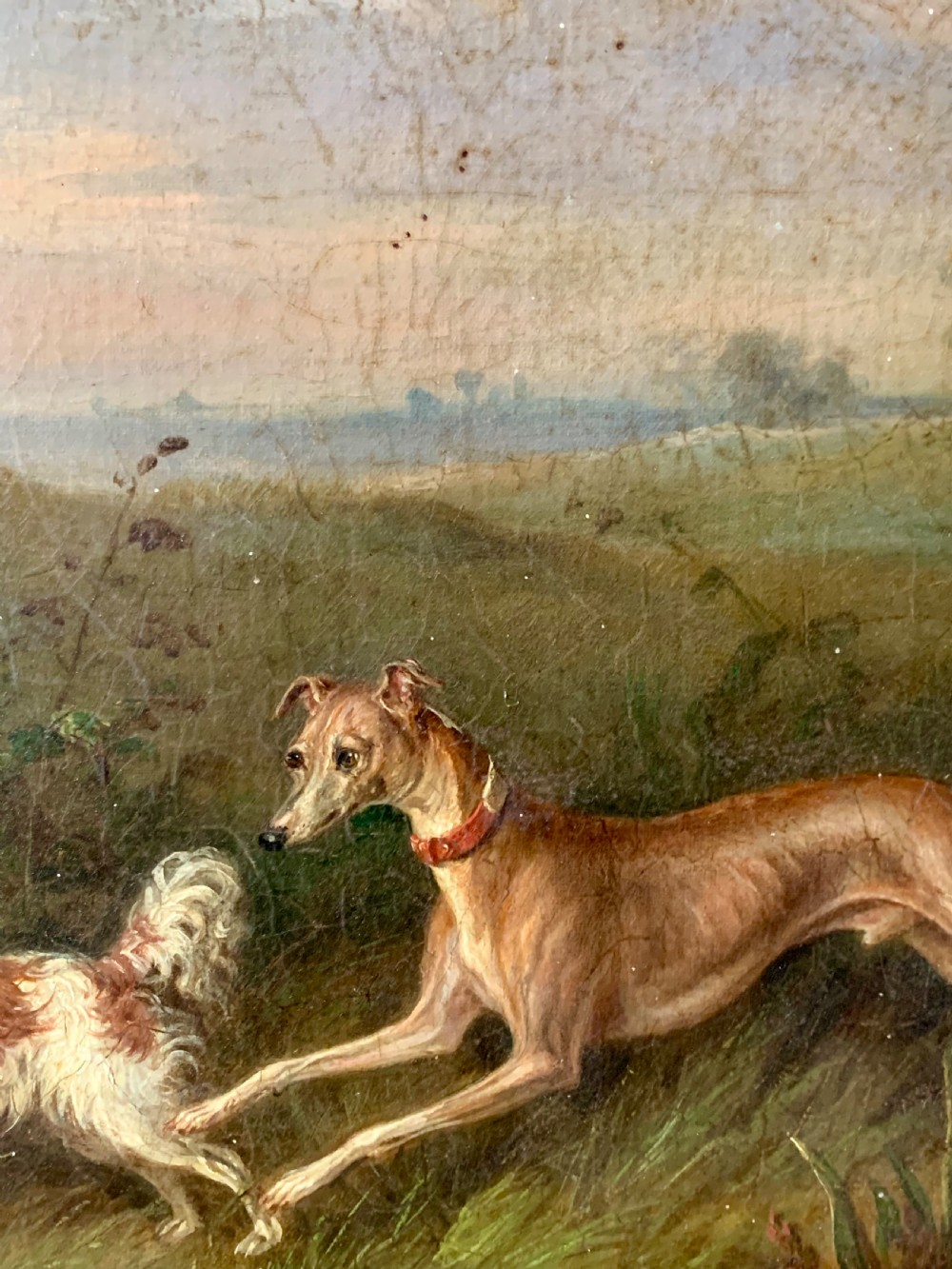 DOGS IN A LANDSCAPE -19th C OIL ON CANVAS View V