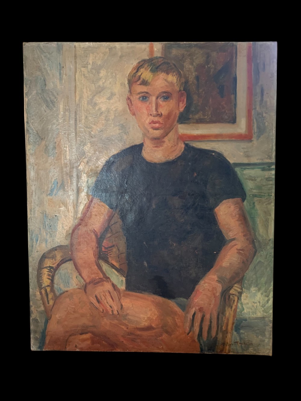An oil painting on canvas featuring a seated young man in a dark short-sleeved shirt against a textured background.