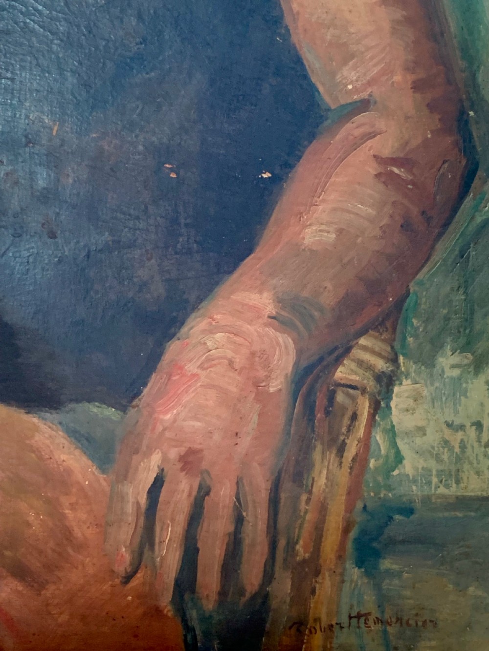 An oil painting on canvas featuring a seated young man in a dark short-sleeved shirt against a textured background. View II
