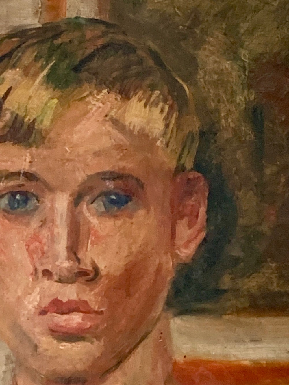 An oil painting on canvas featuring a seated young man in a dark short-sleeved shirt against a textured background. View III