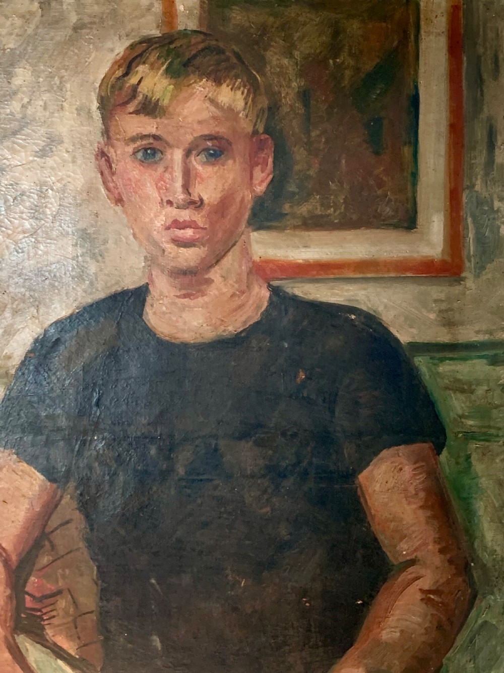 An oil painting on canvas featuring a seated young man in a dark short-sleeved shirt against a textured background. View IV