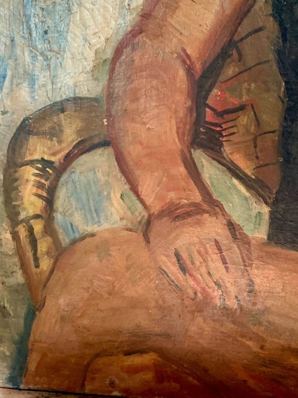 An oil painting on canvas featuring a seated young man in a dark short-sleeved shirt against a textured background. View VI
