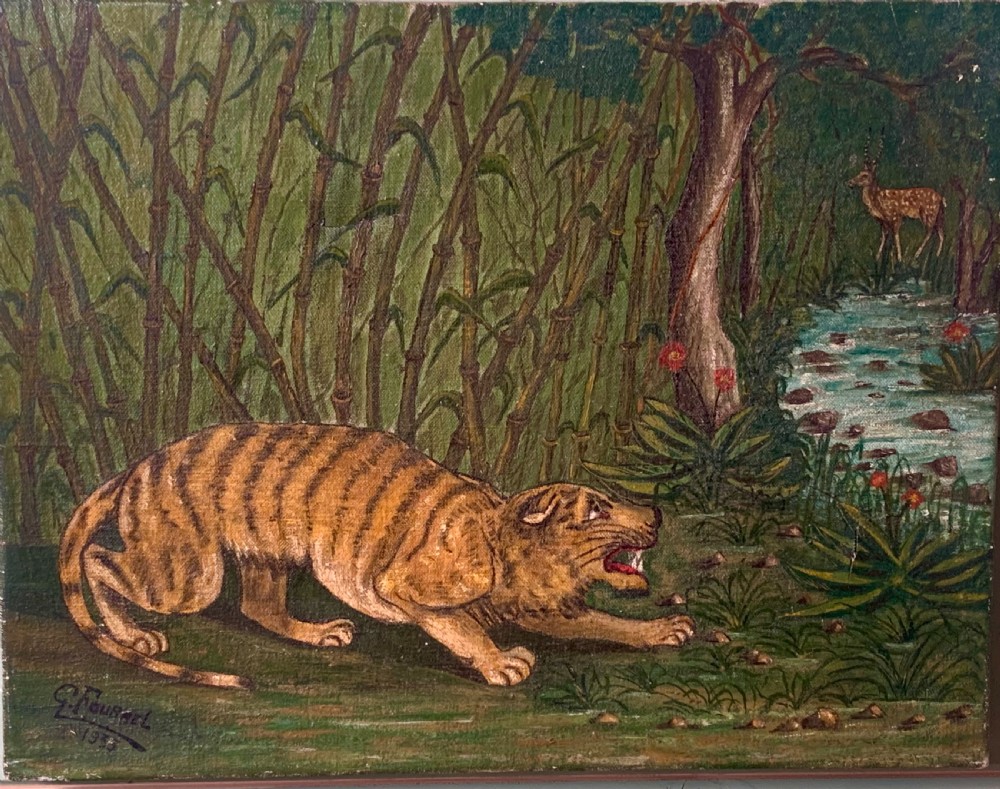 TIGER ON THE PROWL - NAIVE SCHOOL OIL ON CANVAS View VI