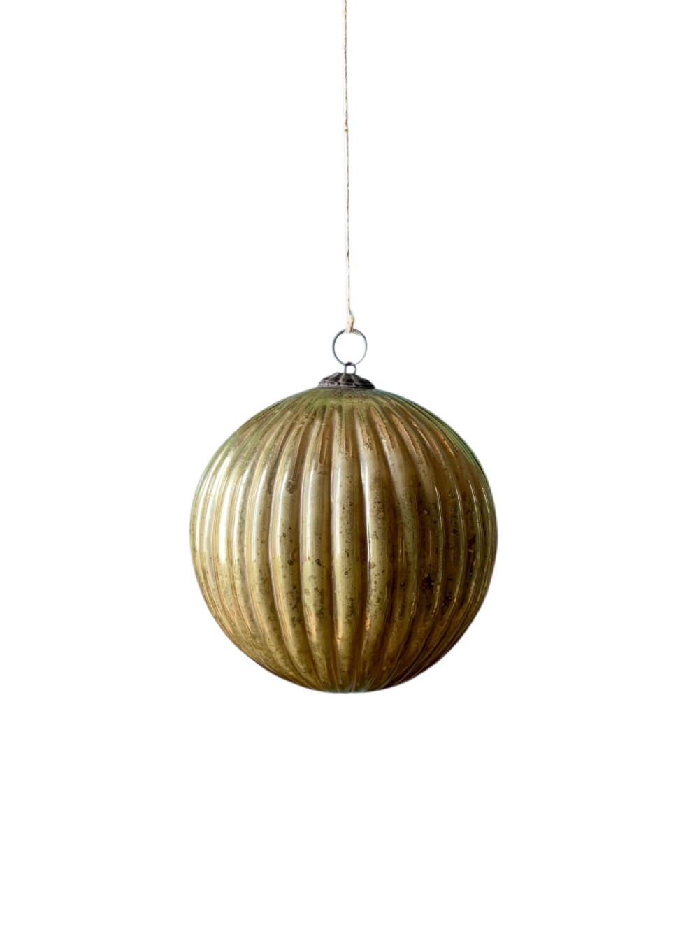 A spherical ribbed mercury glass kugel ornament displaying a silvered aged gold finish and top metal hanging loop.
