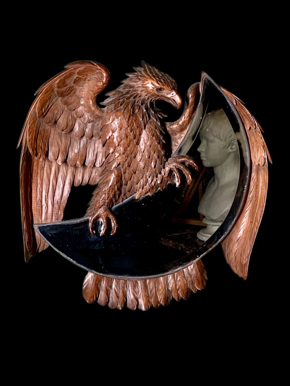 ANTIQUE CARVED WALNUT EAGLE DESIGN MIRROR