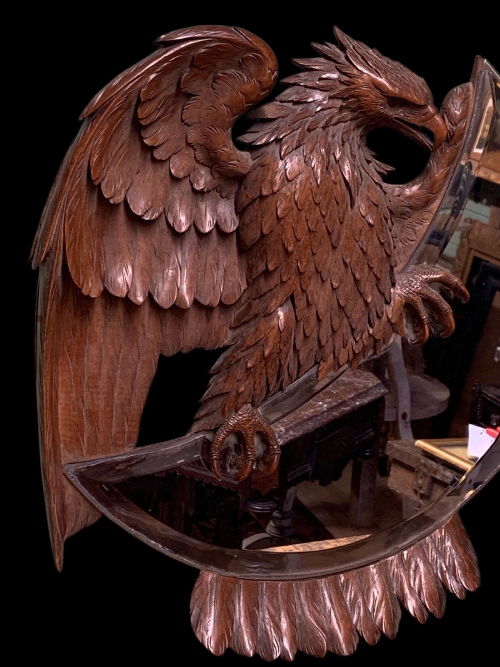 ANTIQUE CARVED WALNUT EAGLE DESIGN MIRROR View V