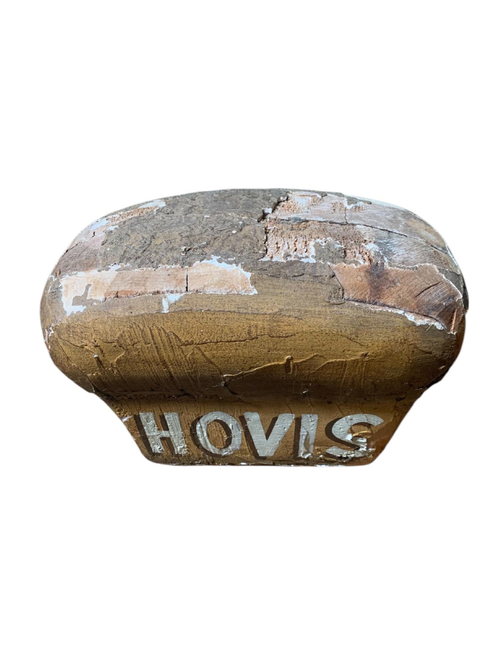 A vintage painted display model of a loaf of bread featuring hand-lettered text reading Your Daily Bread, presented alongside a wooden-handled knife. View V