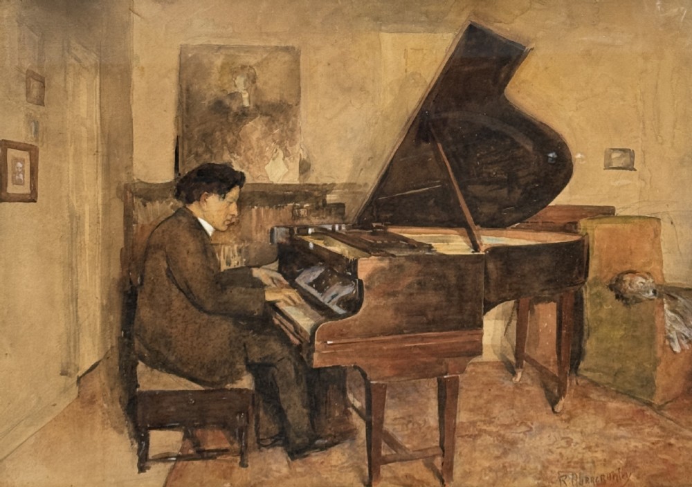 SCOTTISH INTEREST - LARGE WATERCOLOUR OF A PIANIST