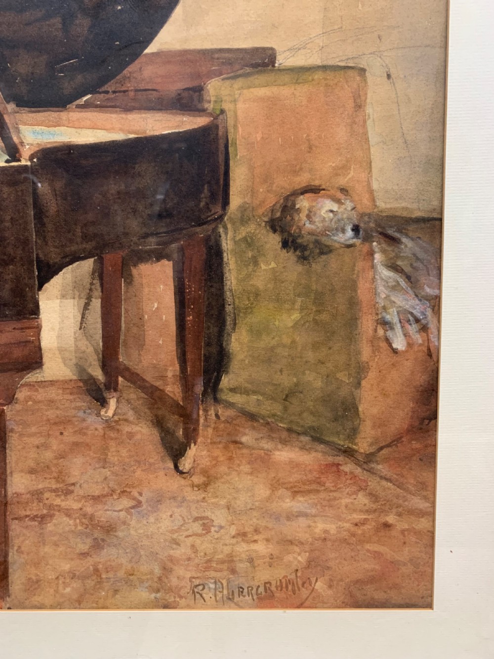 A watercolour painting depicting a male pianist seated and playing an open grand piano in a warm brown tone interior. View IV