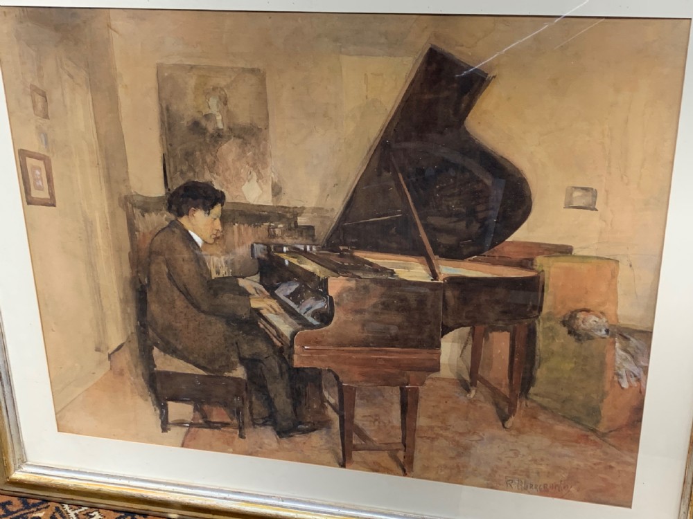 A watercolour painting depicting a male pianist seated and playing an open grand piano in a warm brown tone interior. View V