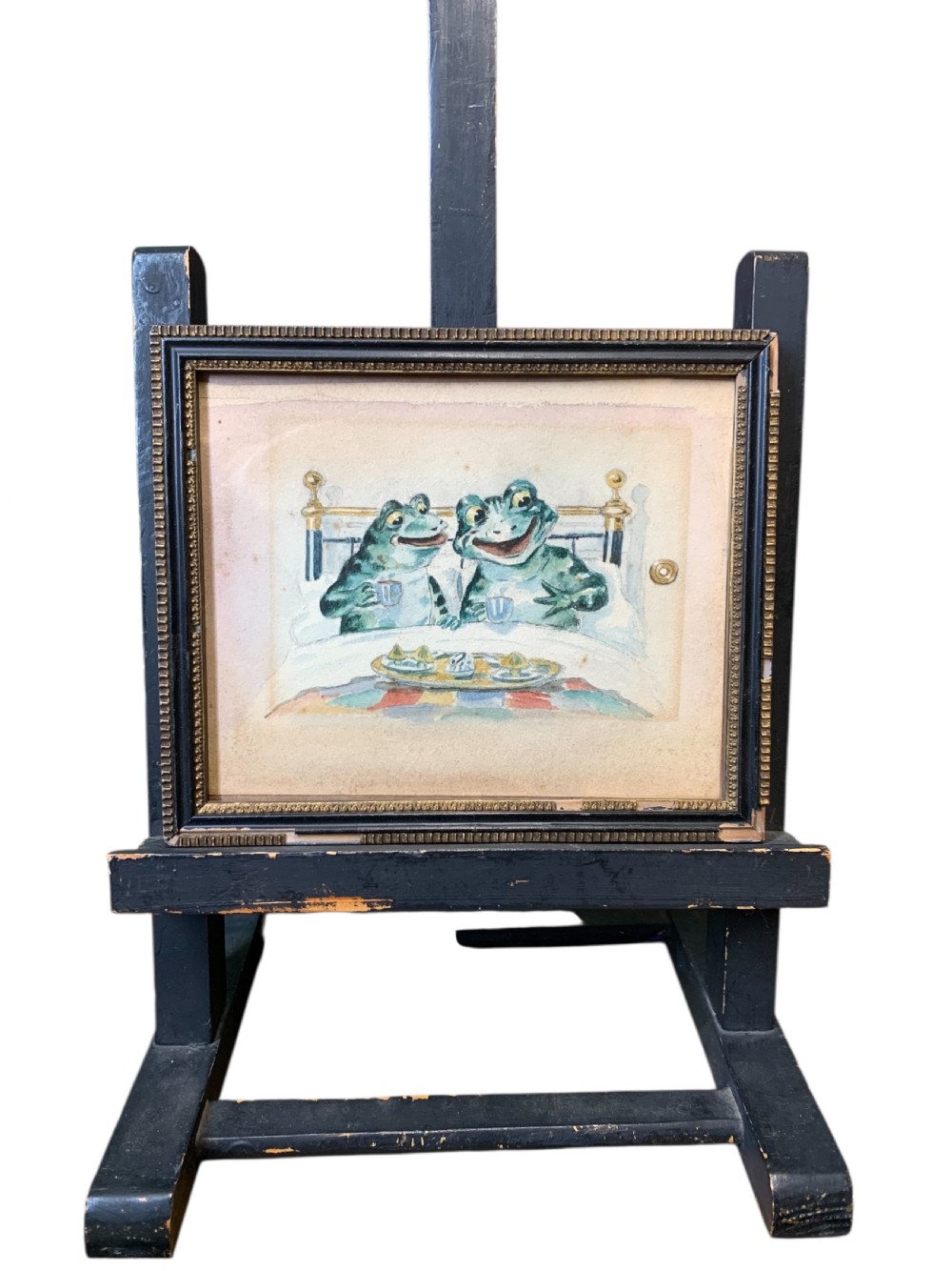 VICTORIAN ANTHROPOMORPHIC  WATERCOLOUR OF 2 FROGS IN A BED View II