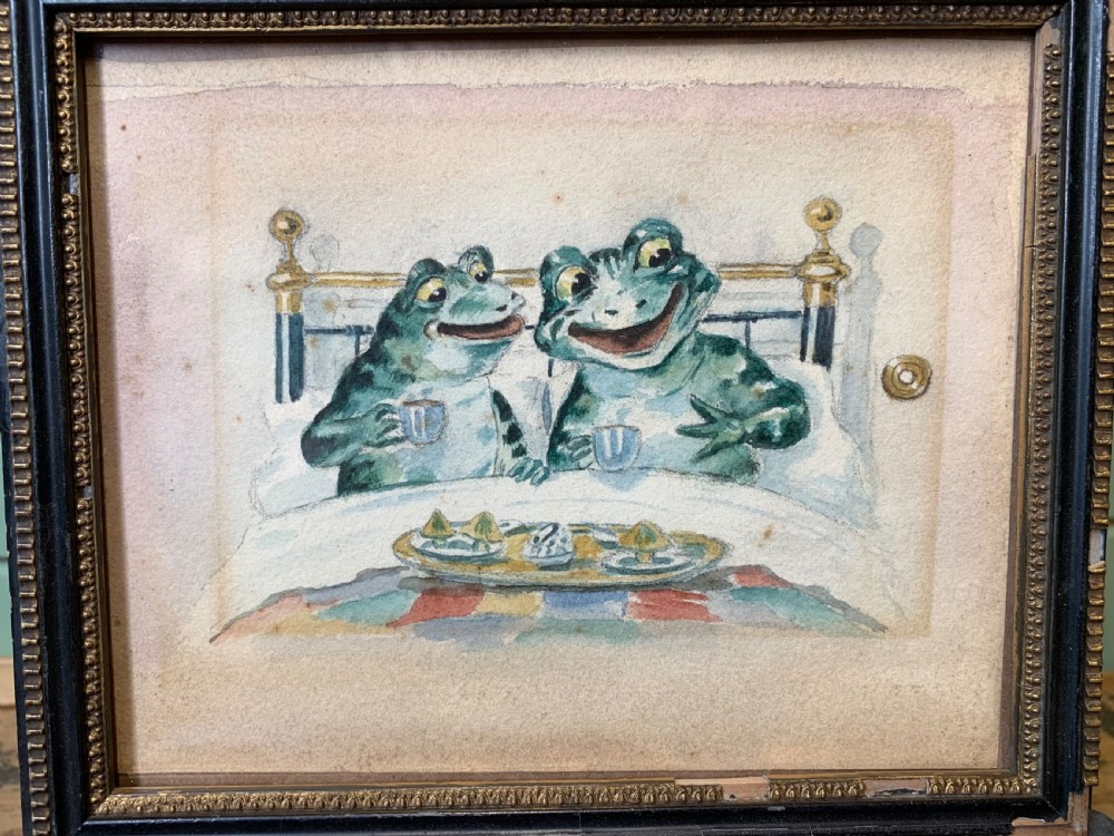 VICTORIAN ANTHROPOMORPHIC  WATERCOLOUR OF 2 FROGS IN A BED View III