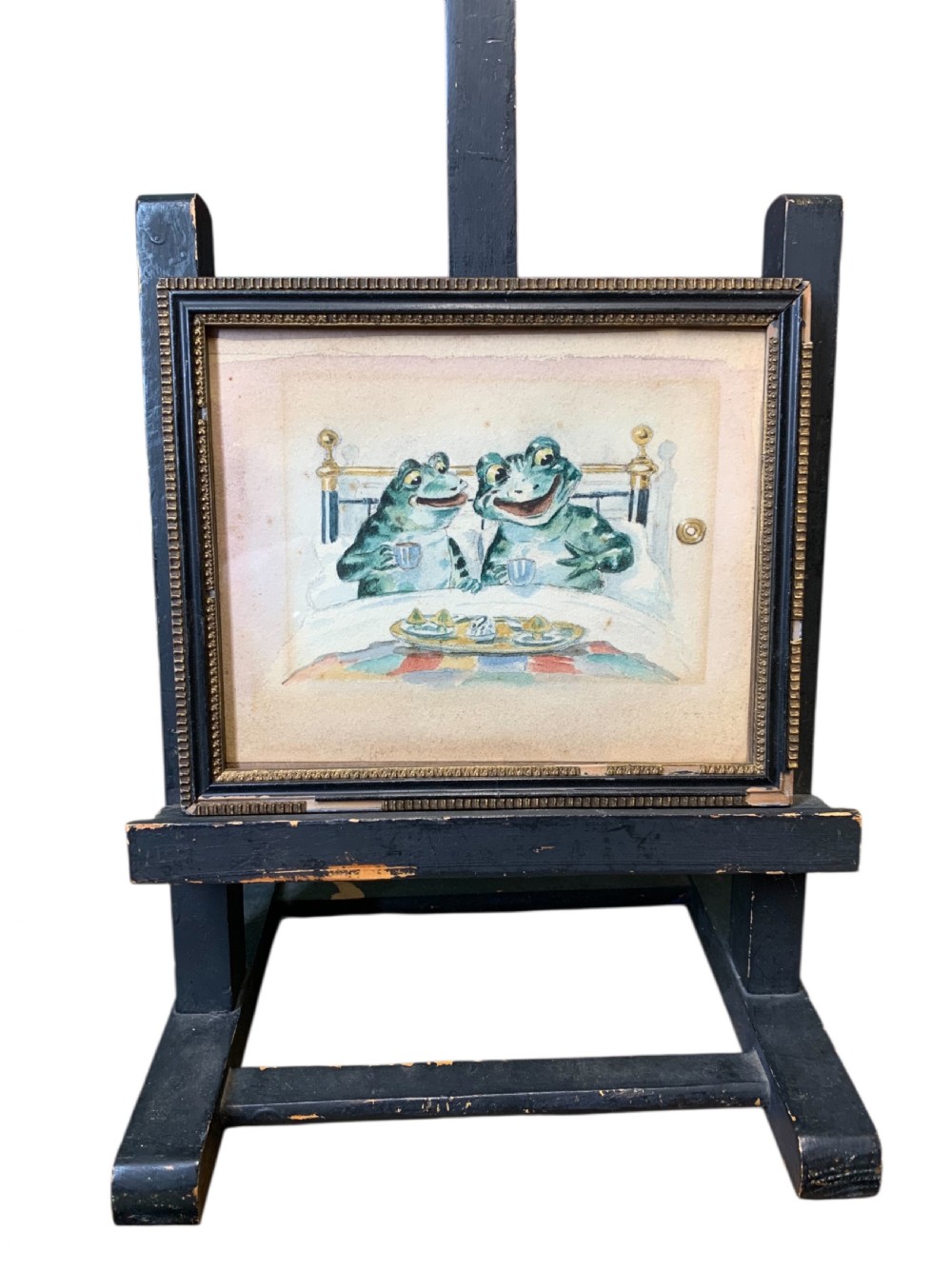 VICTORIAN ANTHROPOMORPHIC  WATERCOLOUR OF 2 FROGS IN A BED View IV