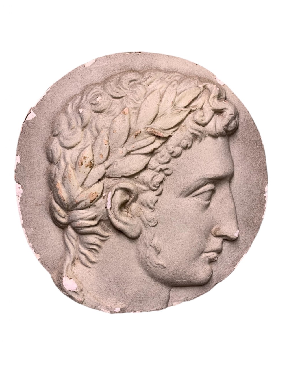 LARGE EARLY 20th C CLASSICAL HEAD PLASTER WALL ROUNDEL
