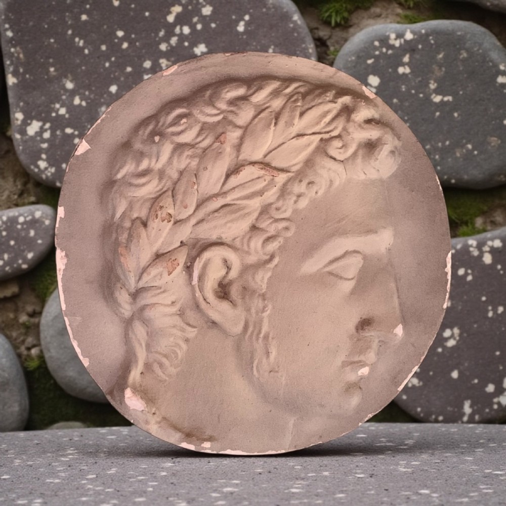 LARGE EARLY 20th C CLASSICAL HEAD PLASTER WALL ROUNDEL View II