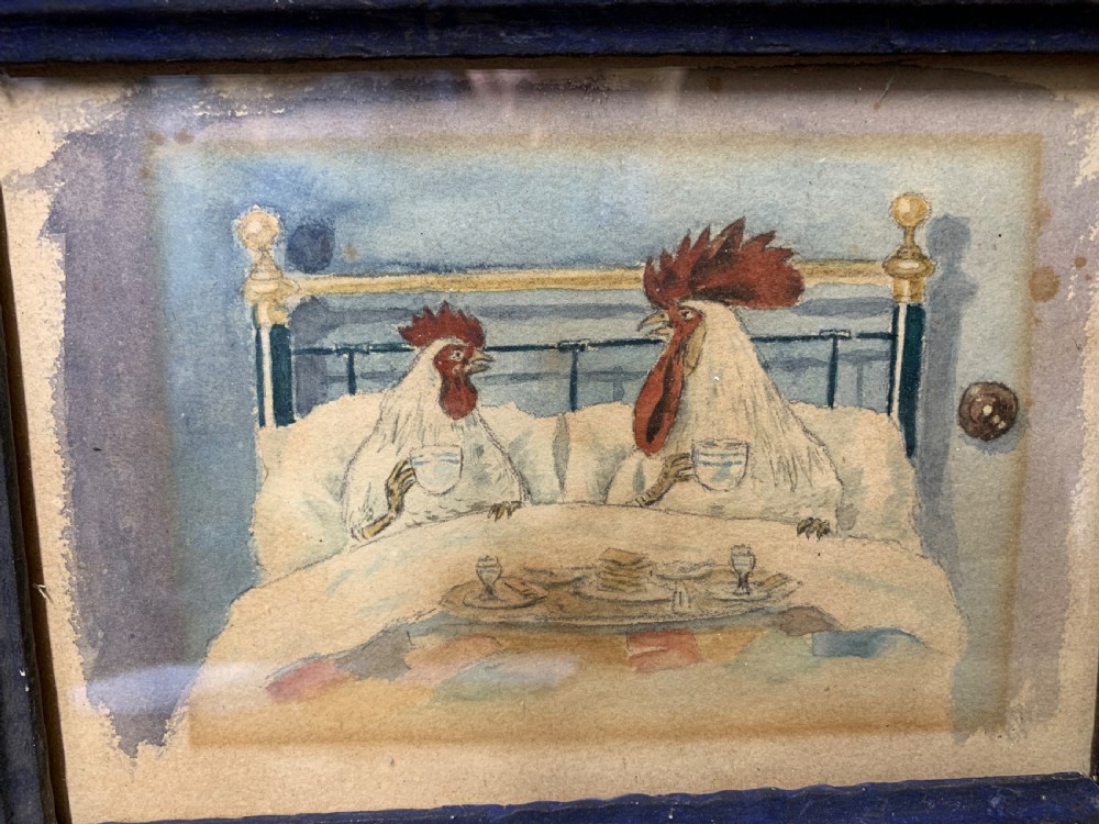 VICTORIAN HUMORIST WATERCOLOUR OF A COCKEREL & HEN  View II