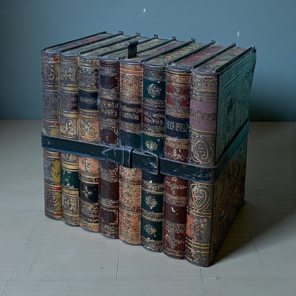 An Edwardian lithographed tinplate biscuit box designed to resemble a row of classic leather-bound books held together by a faux strap. View III