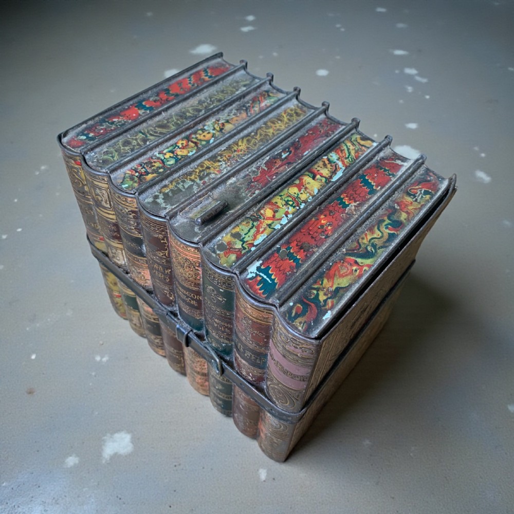 An Edwardian lithographed tinplate biscuit box designed to resemble a row of classic leather-bound books held together by a faux strap. View IV