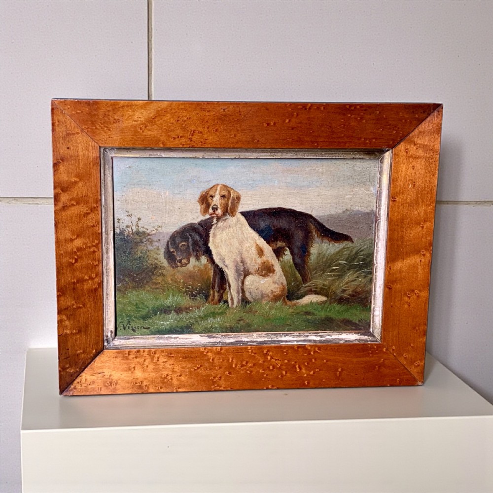 19th CENTURY OIL ON BOARD - SPANIELS IN A LANDSCAPE