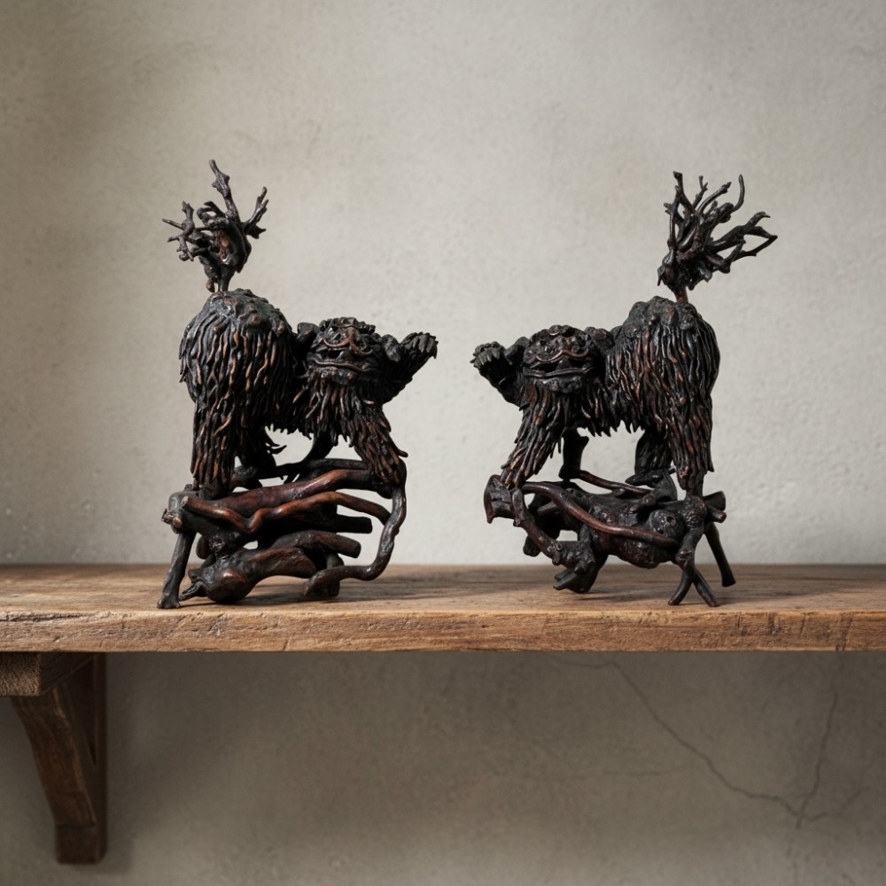 EXCEPTIONAL ANTIQUE CHINESE ROOT WOOD DOGS OF FO