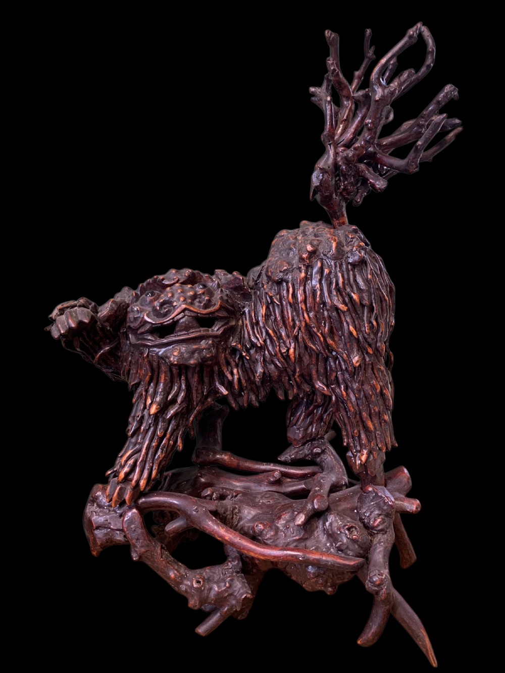 A pair of dark carved root wood Chinese guardian lion sculptures raised on organic natural root bases. View VI
