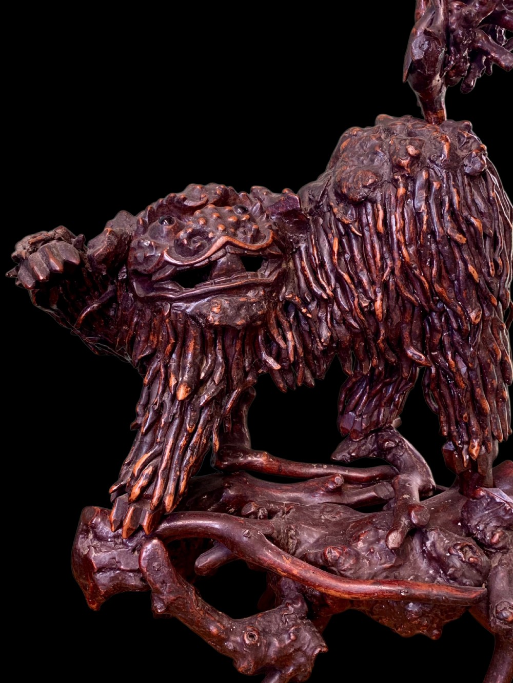 A pair of dark carved root wood Chinese guardian lion sculptures raised on organic natural root bases. View XI