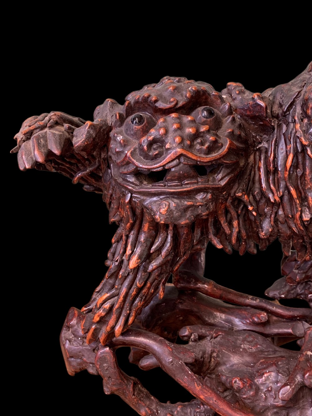 A pair of dark carved root wood Chinese guardian lion sculptures raised on organic natural root bases. View XV