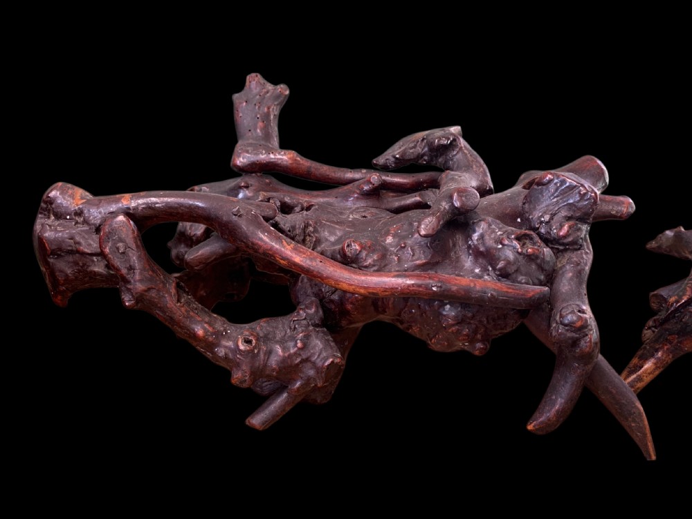 A pair of dark carved root wood Chinese guardian lion sculptures raised on organic natural root bases. View XVI