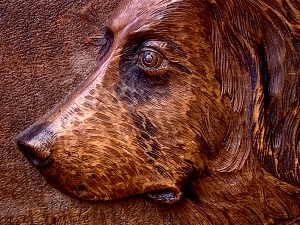 EARLY 20th C CARVED PANEL OF A DOG’S HEAD View V