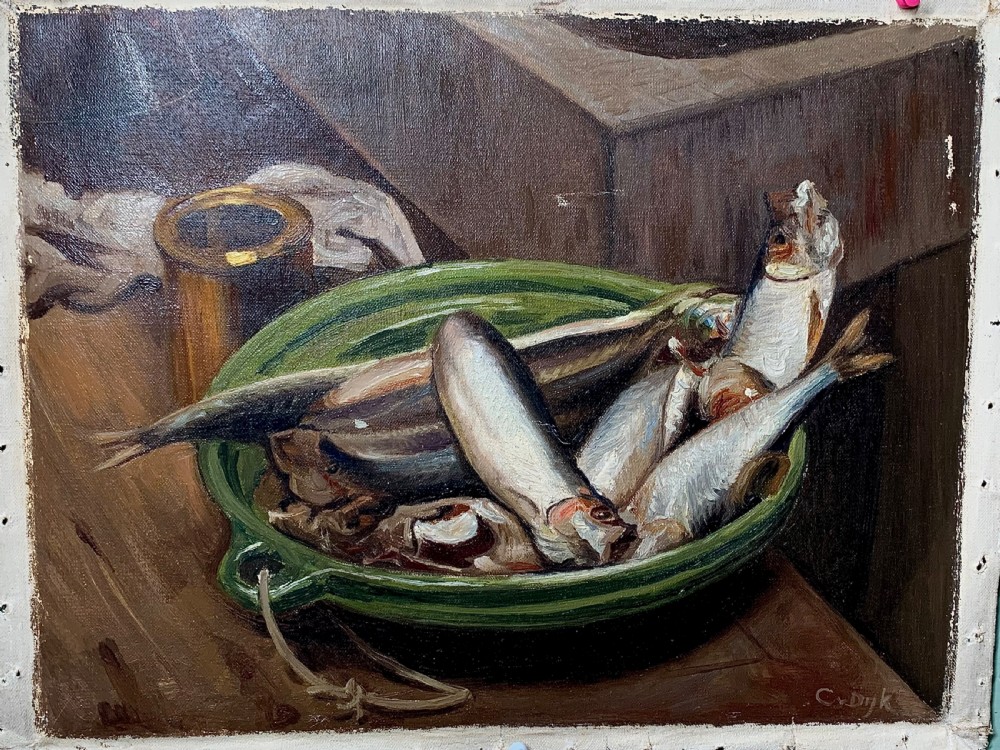 An unframed early 20th-century oil painting on canvas depicting a green ceramic basin filled with fish alongside a brass vessel on a wooden surface. View III