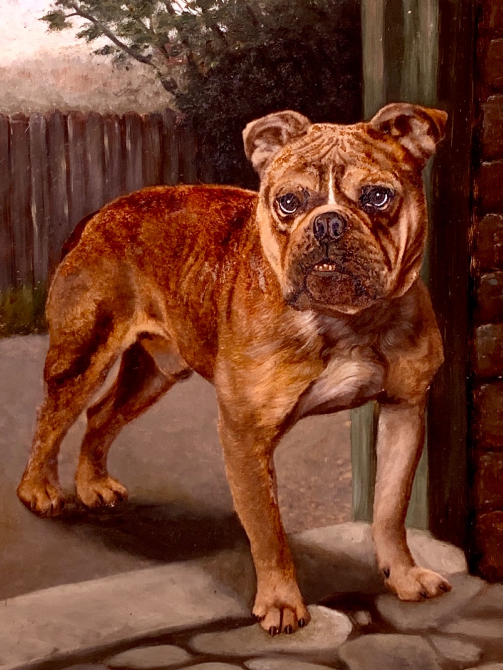 An early 20th-century oil painting on board depicting a standing brown English bulldog within a dark wooden frame with a gold slip. View IV