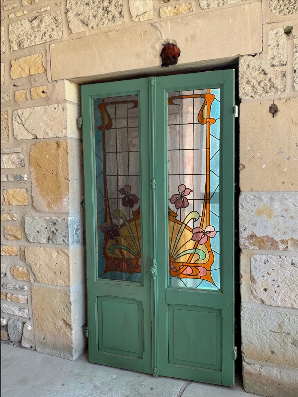 RARE ART NOUVEAU PERIOD STAINED GLASS SET FRENCH DOORS