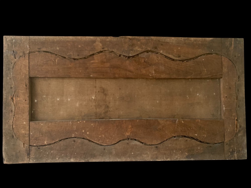 An 18th-century rectangular wooden overdoor panel featuring a carved serpentine border around a painted green landscape scene. View XI