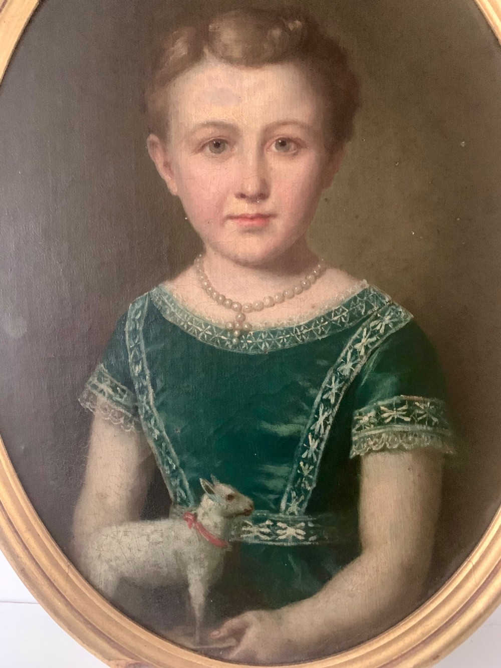 19th CENTURY OIL PAINTING GIRL WITH TOY LAMB