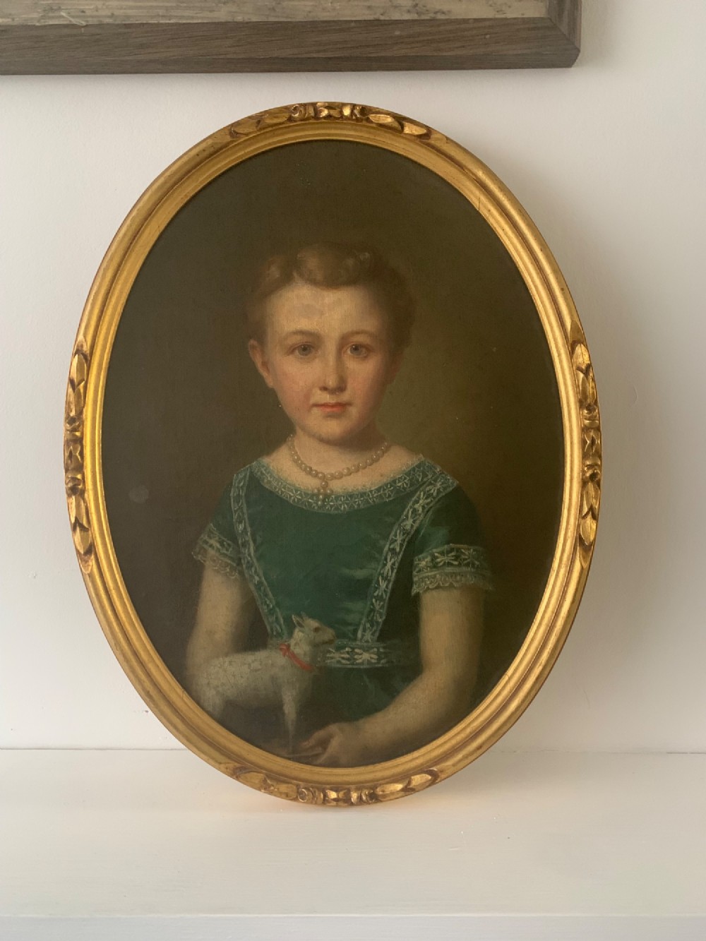 19th CENTURY OIL PAINTING GIRL WITH TOY LAMB View II