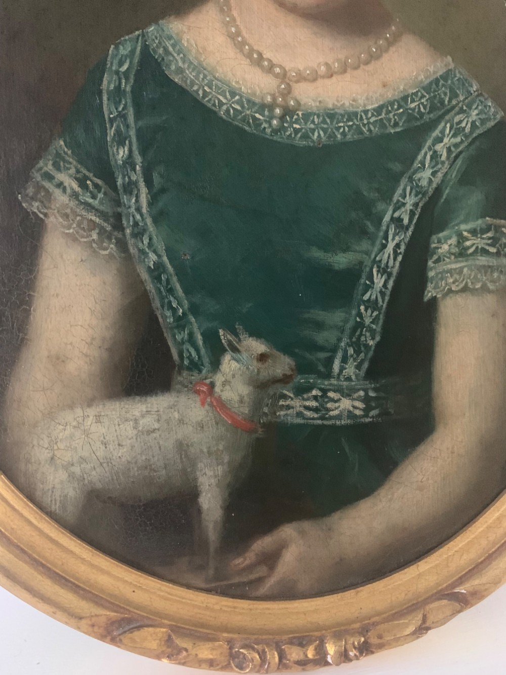 19th CENTURY OIL PAINTING GIRL WITH TOY LAMB View III