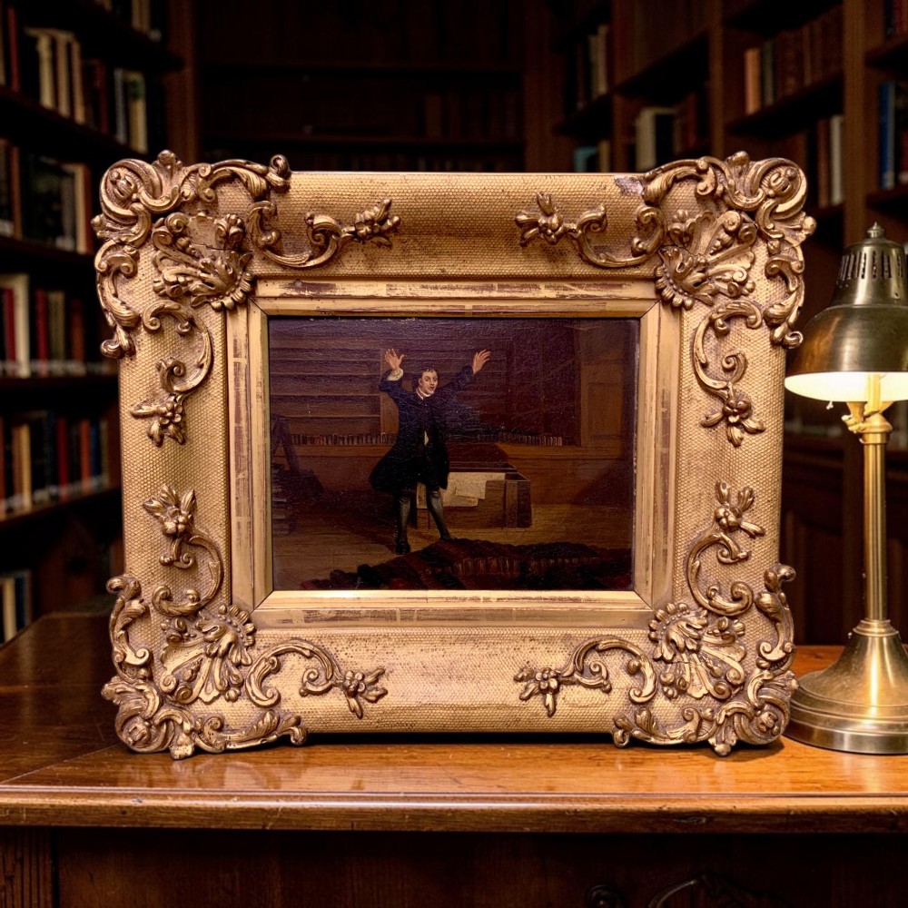 THE LIBRARIAN’S NIGHTMARE! 19th C NAIVE OIL ON PANEL