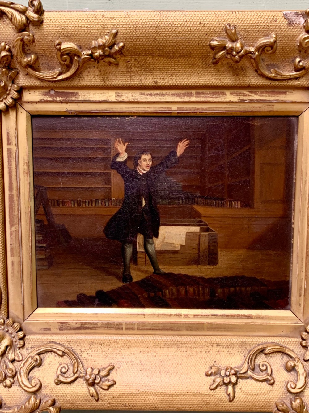 THE LIBRARIAN’S NIGHTMARE! 19th C NAIVE OIL ON PANEL View III