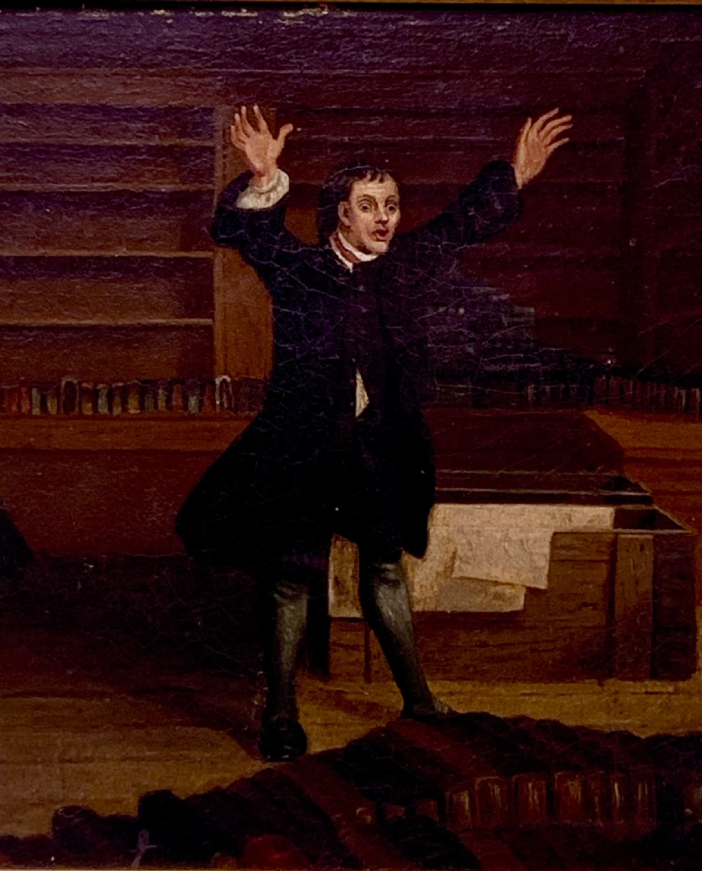 THE LIBRARIAN’S NIGHTMARE! 19th C NAIVE OIL ON PANEL View IV