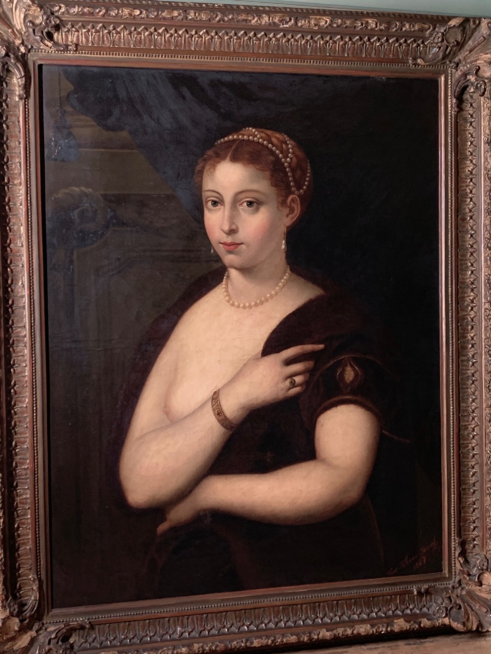 LARGE ANTIQUE OIL PORTRAIT AFTER TITIAN -DATED 1867